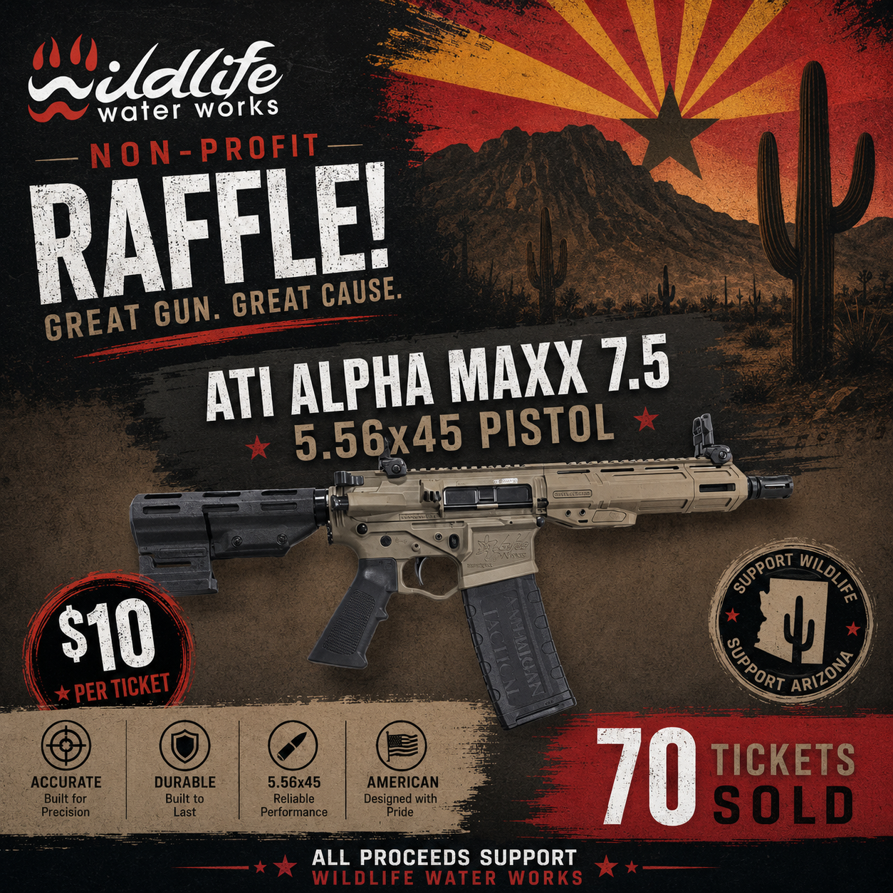 ATI Alpha MAXX 7.5" 5.56X45mm Nato Pistol, FDE w/ Flip Up Sights and Brace GR26114