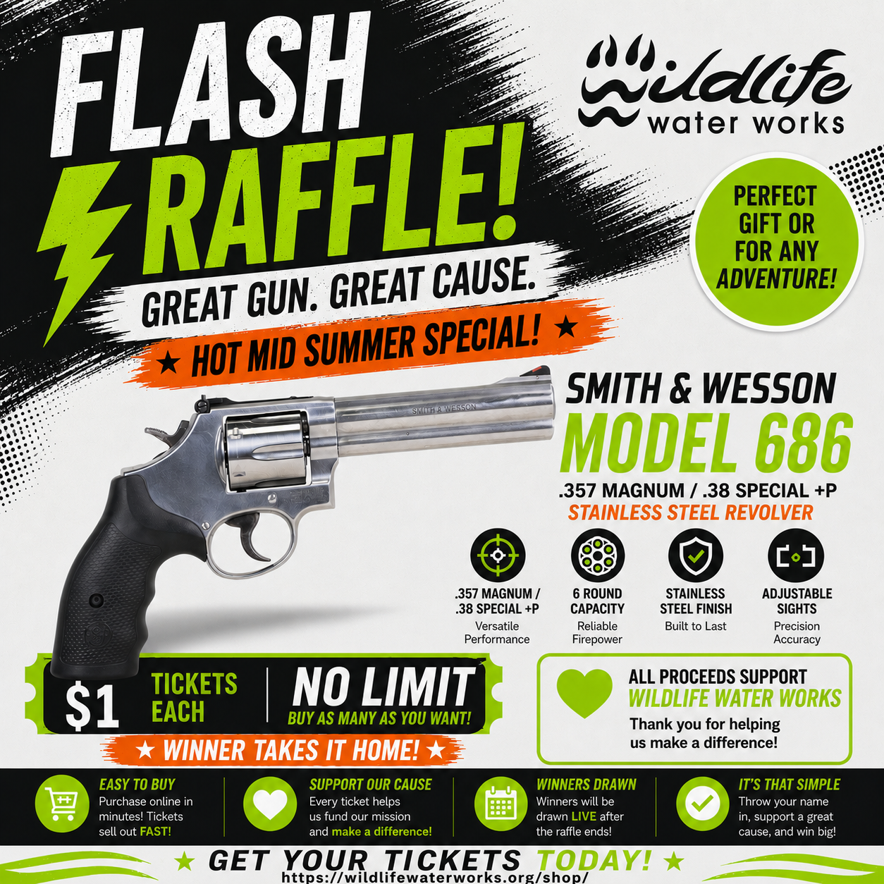 1$ FLASH RAFFLE! SMITH and WESSON 686 .357 MAGNUM STAINLESS GR26113