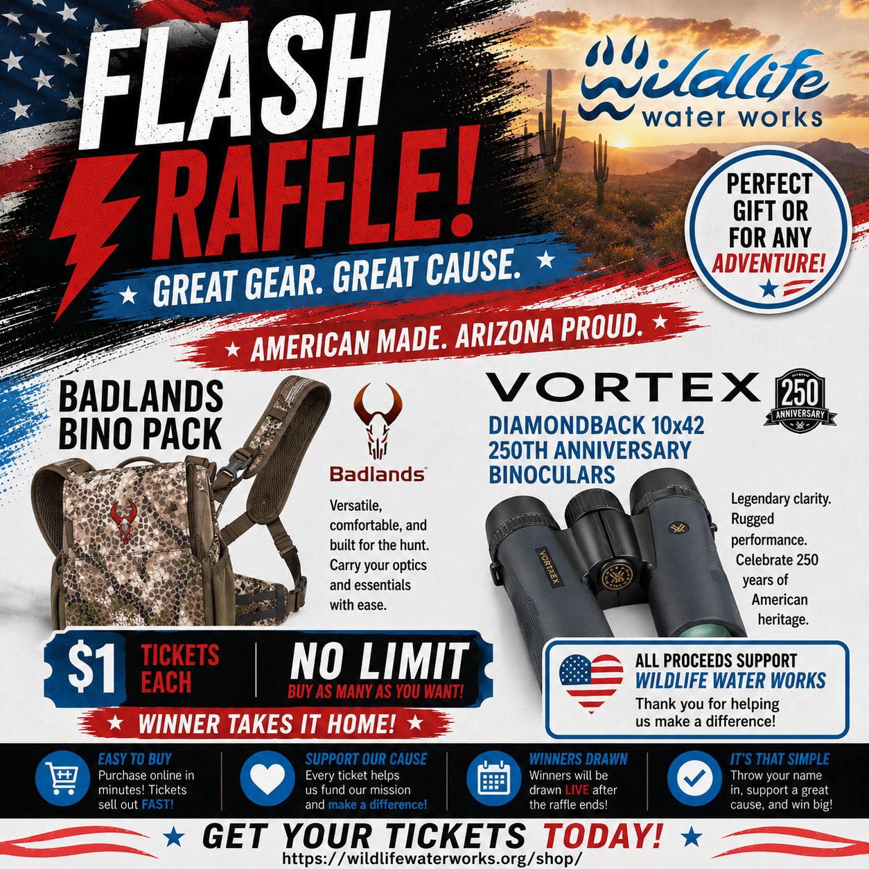 1$ FLASH RAFFLE! BADLANDS BINO HARNESS PLUS VORTEX 10X42 250TH ANNIVERSARY BINOCULARS GR26114