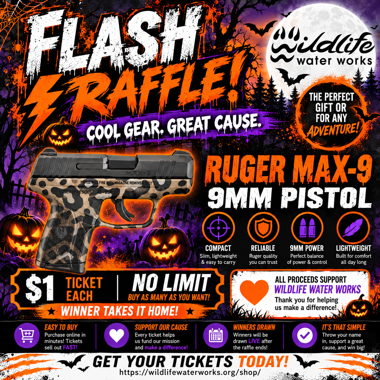 HALLOWEEN FLASH RAFFLE Ruger Max-9 3.2" 9mm 10rd O.R Pistol, Leopard Print Raffle GR26140